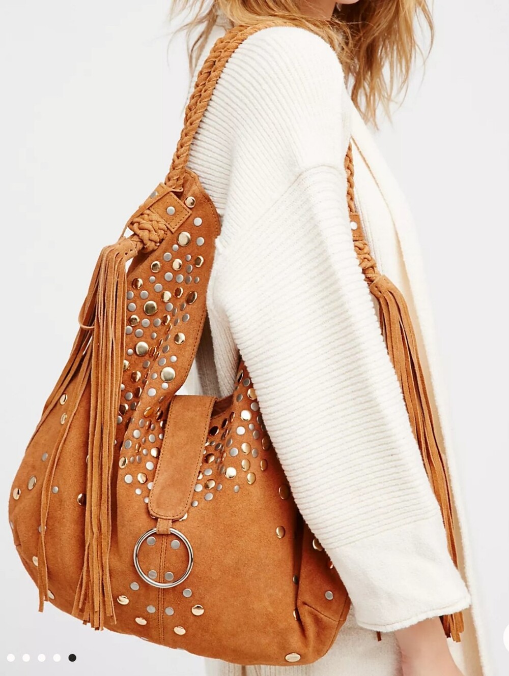 Gorgeous!! Free People Tan Suede Studded Shoulder Bag with Tassels, Never Used - Picture 11 of 11